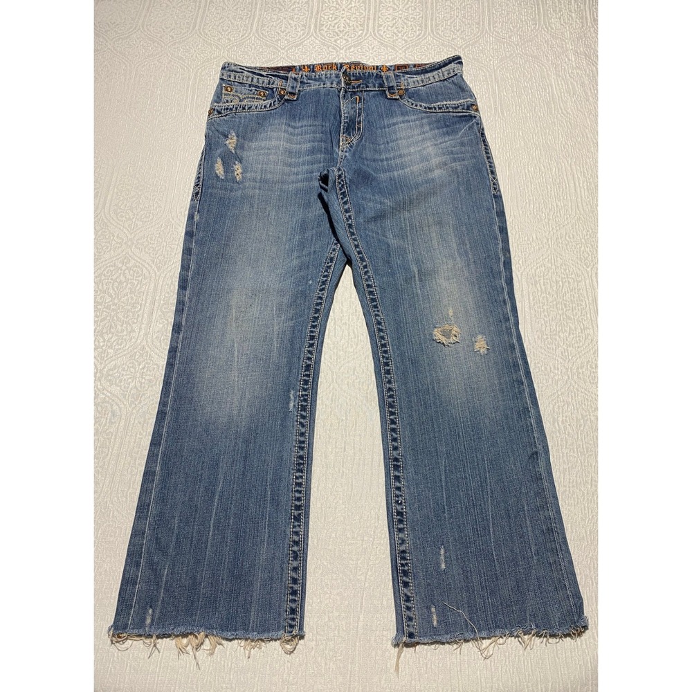 Rock‎ Revival Paul Mens Jeans 36×30 Distressed Embroidered Flap Cropped Raw Hem